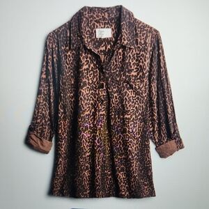 Leopard Print Button-Front Blouse - Brown/Black